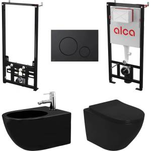 Alcadrain Комплект тоалетно казанче с вградена рамка Alca AM101/1120 и черен капак M678 плюс тоалетна чиния Rea Carlo с черен капак и биде с рамка (AM101/1120+M678+5902557334995+5902557355921+A105/1120)