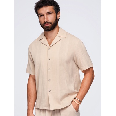 Ombre Clothing Мъжка памучна риза с кубински яка - светлокафяв V1 OM-SHSS-0221 Ombre Clothing Ombre Clothing | Siv | МЪЖЕ | M