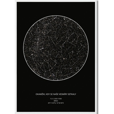 Jen tak z lásky Hvězdná mapa životního okamžiku - Váš originální dárek s hloubkou Rozměr plakátu: 30 × 40 cm (tištěný plakát), Barva pozadí: Černá, Volba rámu: Bílý dřevěný rám