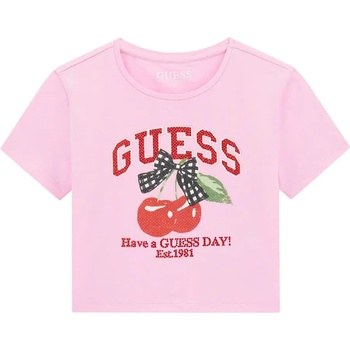 GUESS Бледо розова къса тениска за момиче с черешки и голям червен надпис Guess