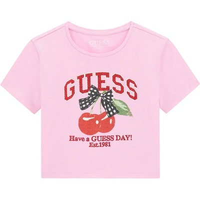 GUESS Бледо розова къса тениска за момиче с черешки и голям червен надпис Guess