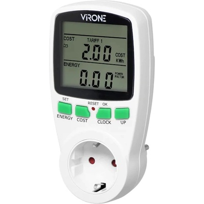 VIRONE EM-1(GS) - Ватметър с LCD дисплей, двутарифен, батерия, 230V / 50Hz, 16A до 3680W, немски стандарт (EM-1(GS))