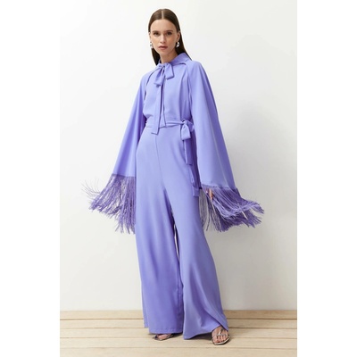 Trendyol Lilac Tassel Cape-Jumpsuit Evening Dress Set světle modrý
