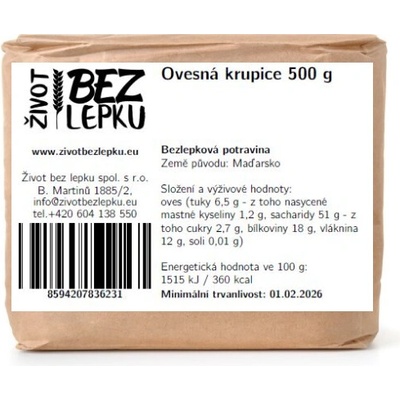 Život bez lepku Ovsená krupica 0,5 kg
