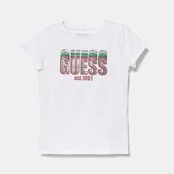 GUESS Бяла тениска за мини момиче с многоцветен надпис Guess с пайети
