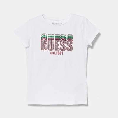 GUESS Бяла тениска за мини момиче с многоцветен надпис Guess с пайети
