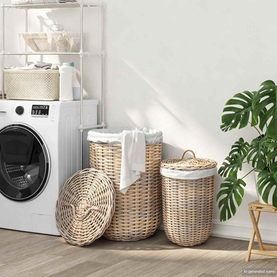 vidaXL Кош за пране с капак 2 бр. Естествено сиво Кубу Ратан (42020973)