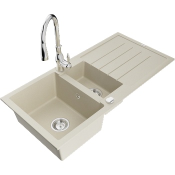 Mexen Andres гранитна кухненска мивка с 1, 5 отделения, с отцедник и кухненски смесител Savita, бежово - 6515-69-672601-00 (6515-69-672601-00)
