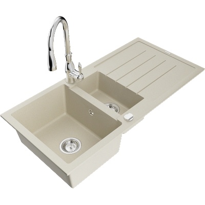 Mexen Andres гранитна кухненска мивка с 1, 5 отделения, с отцедник и кухненски смесител Savita, бежово - 6515-69-672601-00 (6515-69-672601-00)