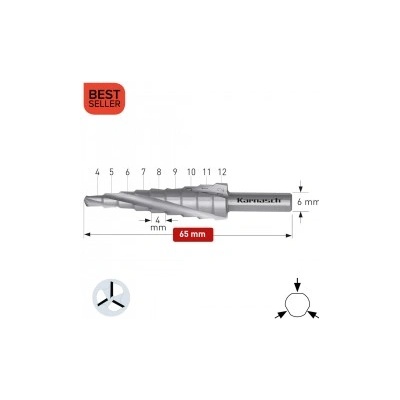 Karnasch Стъпално свредло Ø 4-12 mm (x 4 mm), HSS-XE без покритие, 3x спирален канал, BESTSELLER (213004)