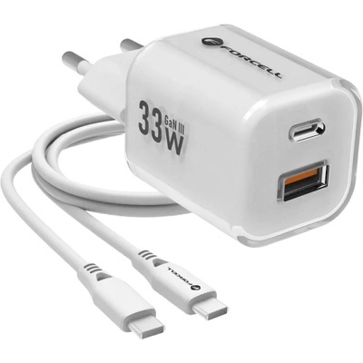 Forcell Мрежово зарядно Forcell F-ENERGY PD QC4.0 33W GaN III VT-41, кабел 1 x USB-C, 1x USB-A, Бял (VT-41)