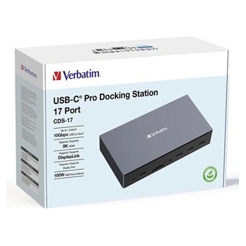Verbatim 32172 докинг станция, USB-C Pro, 17-порт, HDMI, RJ45, микро SD, USB-A 3.2, сив (32172)