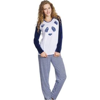 Плюшена пижама в бяло и тъмносиньо с райе и ефектна картинка на панда