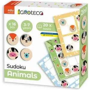 IGROTECO Дървена логическа игра СУДОКУ - 16 части, животни (900705)