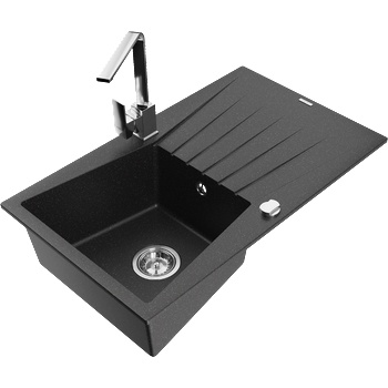 Mexen Cesar еднокоморна гранитна мивка с отцедник и кухненски смесител Rita, черен/сребрист металик - 6514-73-670300-00 (6514-73-670300-00)