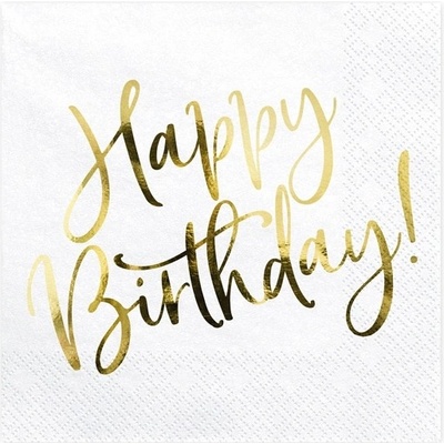 PartyDeco Papírové ubrousky Happy Birthday bílo-zlaté 20ks 33x33cm