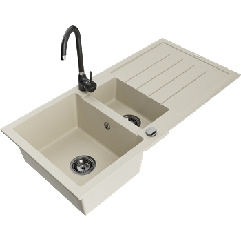 Mexen Andres гранитна мивка 1, 5-коморна с дренаж и кухненски смесител Telma, бежов - 6515-69-670200-70 (6515-69-670200-70)