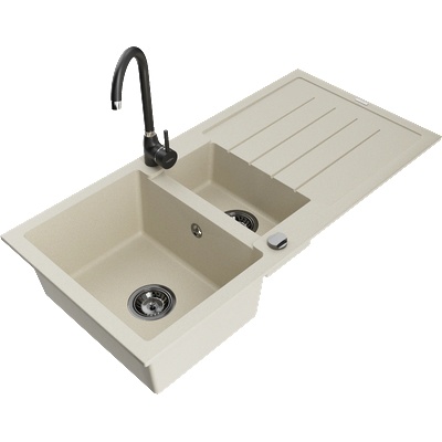 Mexen Andres гранитна мивка 1, 5-коморна с дренаж и кухненски смесител Telma, бежов - 6515-69-670200-70 (6515-69-670200-70)