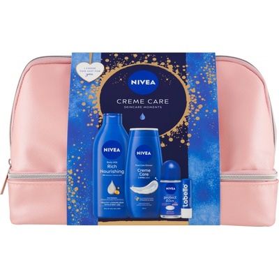 Nivea Creme Care SG 250 ml, Telové mlieko 400 ml, Guľôčkový antiperspirant 50 ml a Labello 4,8 g Darčeková taška
