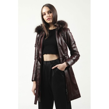 Jacket Club Дамски шлифер от естествена кожа yb-2334 - Бордо #318021 (318021_Кафяво)