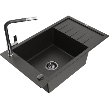 Mexen Elias гранитна мивка с 1 отделение и отцедник и кухненска батерия Flora, черен/златист металик - 6511-75-670401-07-B (6511-75-670401-07-B)