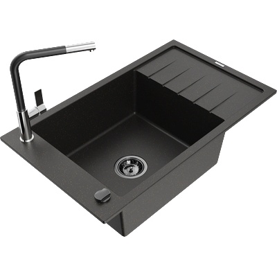 Mexen Elias гранитна мивка с 1 отделение и отцедник и кухненска батерия Flora, черен/златист металик - 6511-75-670401-07-B (6511-75-670401-07-B)