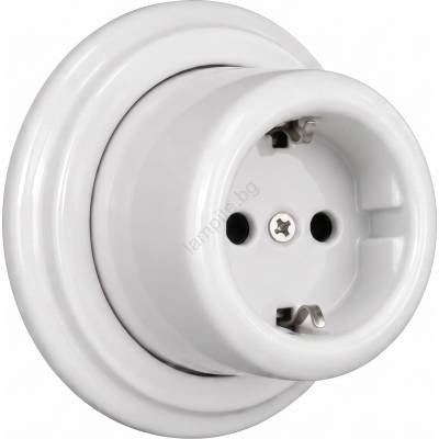 Elhard - Керамичен стенен ретро контакт за дома с рамка SCHUKO, 230 V, бял (EF0054C)