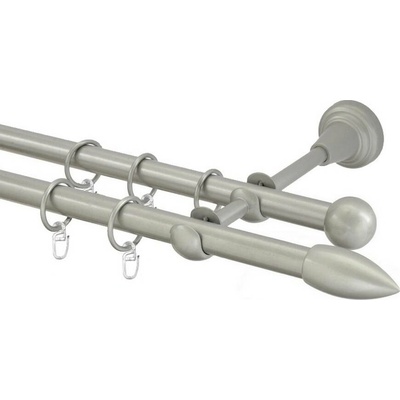 OK-GarnýžeCZ Garnýž kovová dvouřadá 16mm Špice stříbrná mat 210 cm do stěny / kroužky s háčkem