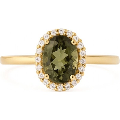 Vltavín Moldavite Zlatý prsten s vltavínem a zirkony ovál P22 0049
