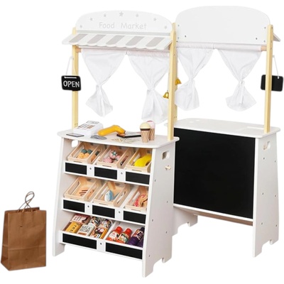Ginger Home Дървен Детски Магазин и Театър 2 в 1 GINGER HOME, за Ролеви Игри, с Каса, POS Терминал и Скенер със Звук, Играчки и Аксесоари, 45x24x97.5 см, за Деца Над 3 Години (W10A232)