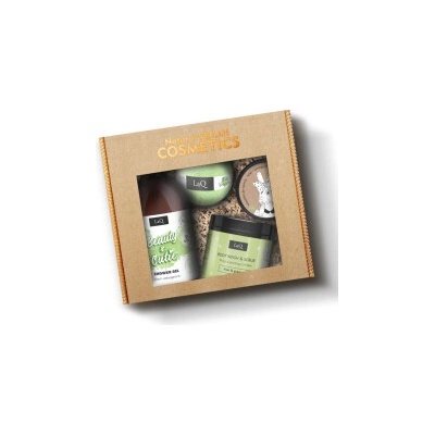 LaQ Beauty & Cutie sprchový gél 500 ml + cukrový peeling 220 g + čistiaci pleťový krém 40 g + šumivé gule do kúpeľa darčeková sada