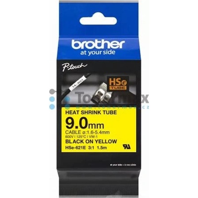 Brother HSe-621E, 9,0 mm, ø1,6-5,4 mm, smršťující bužírka žlutá / černý tisk originální