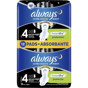 Always Дамски превръзки с крилца Always Ultra - Ultra Night Plus Duo, 12 броя