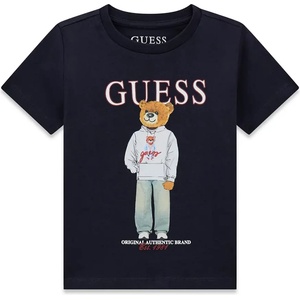 GUESS Тениска в тъмносин цвят за мини момче с цветно мече и бял надпис Guess