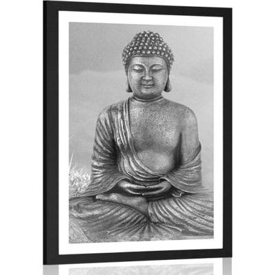 Plakát s paspartou socha Buddhy v meditující poloze v černobílém provedení - 40x60 silver