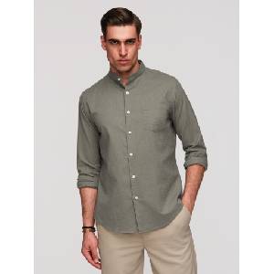 Ombre Clothing Мъжка платнена риза със стойче и джоб REGULAR FIT - хаки V6 K704 Ombre Clothing Ombre Clothing | Zelen | МЪЖЕ | S