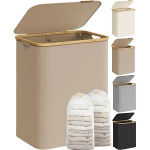 SONGMICS Laundry Basket with Lid, Laundry Hamper with 2 Compartments, 130L, Removable Laundry Bag, Oxford Fabric, Bamboo Handles, Foldable, 52 x 38.5 x 70.5 cm, Camel Brown LCB513LJ01 - PCT611W01 (PCT611W01)
