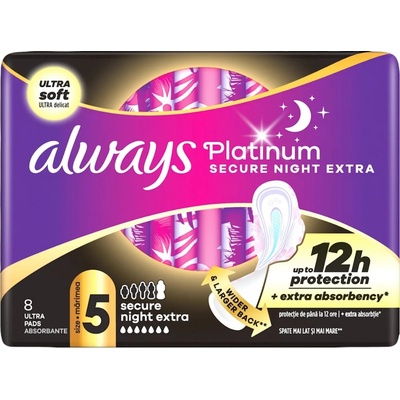Always дамски превръзки, Platinum Secure Night Extra, ултра меки, 12h защита, размер 5, 8 броя