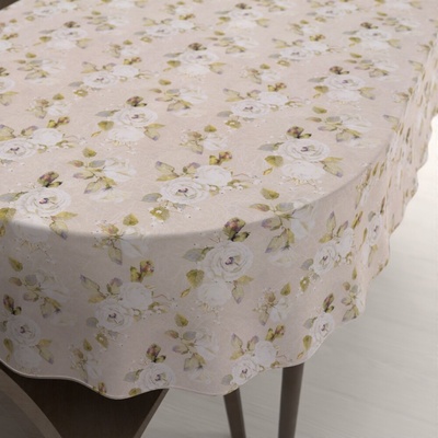 Biante Dekoračný oválny obrus PML-059 Biele ruže s perokresbou na béžovom 120x180 cm
