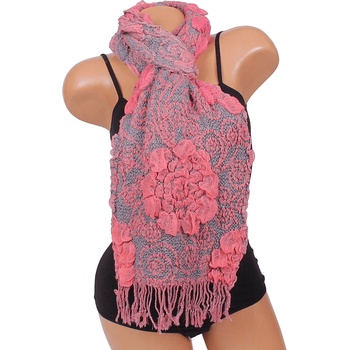 Image 1 of Мек зимен шал в сиво с цветя в розов корал и ресни