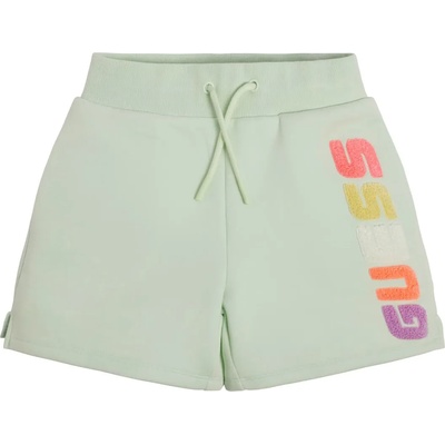 Guess Трикотажни къси панталонки за момиче с многоцветен надпис Guess в бледо зелено