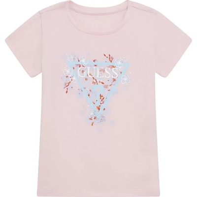 GUESS Розова тениска с къс ръкав с цветя, синьо лого Guess и бели детайли