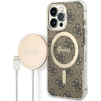 GUESS Комплект безжично зарядно устройство и кейс Guess GUBPP13LH4EACSW за iPhone 13 Pro, кафяв / кафяв, твърд, съвместим с MagSafe, 4G Print (GUE002550-0)