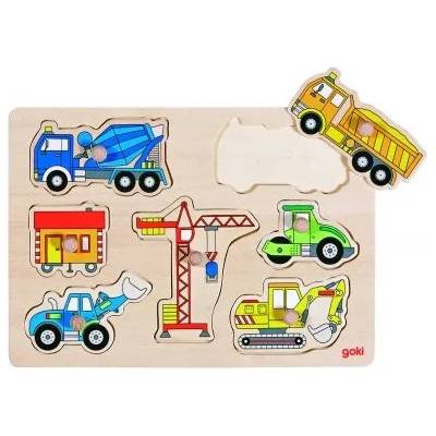 Goki - Дървен пъзел с дръжки - Строителни машини (57593)