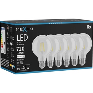Mexen Vintis 6x LED филаментна крушка E27, G80, 6W, Неутрална - 4000K, 720 lm, прозрачна (L155-E27-0640-00x06)