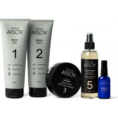 Tomas Arsov Péče o kudrnaté jemné vlasy GREEN TEA Šampon 250 ml + Kondicionér 250 ml BALANCE Obnovující maska 100 ml + Marulový olej s vitamínem E 50 ml + HAIR LIQUID Keratin. voda 200 ml