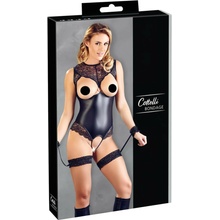 Cottelli Bondage – čipkované lesklé otvorené body s držiakom na ruky čierne