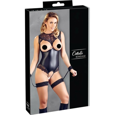 Cottelli Bondage – čipkované lesklé otvorené body s držiakom na ruky čierne