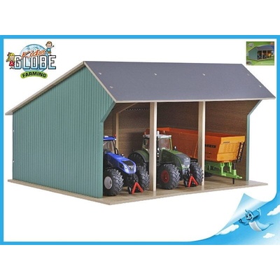 Kids Globe Drevená stodola pre 3 poľnohospodárske stroje 1:32