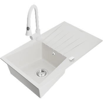 Mexen Cesar кухненска мивка с една камера, изработена от гранит, с отцедник и кухненски смесител Elia, бял - 6514-20-670101-20 (6514-20-670101-20)